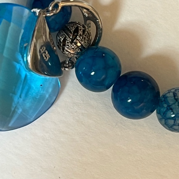 Blue Agate Gemstone Bracelet w/ Swarovski “Purse” Charm & Sterling Silver Clasp - Picture 4 of 12